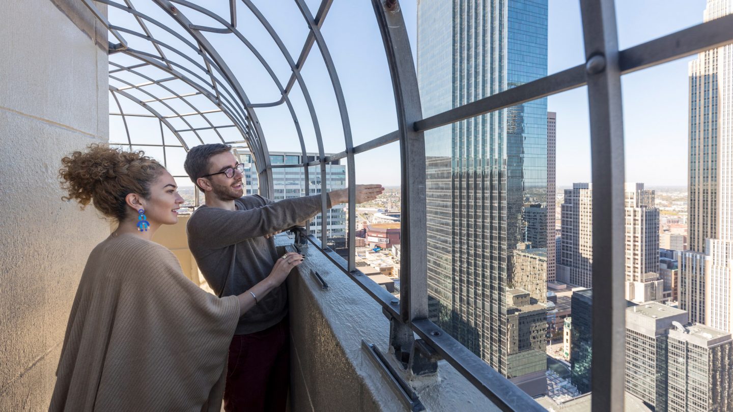 Students looking out from an observation deck at Downtown Minneapolis.