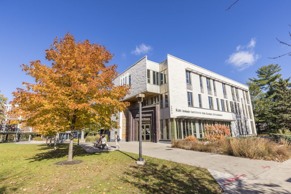 Fall colors next to the Kofi Annan Institute for Global Citizenship at Macalester.