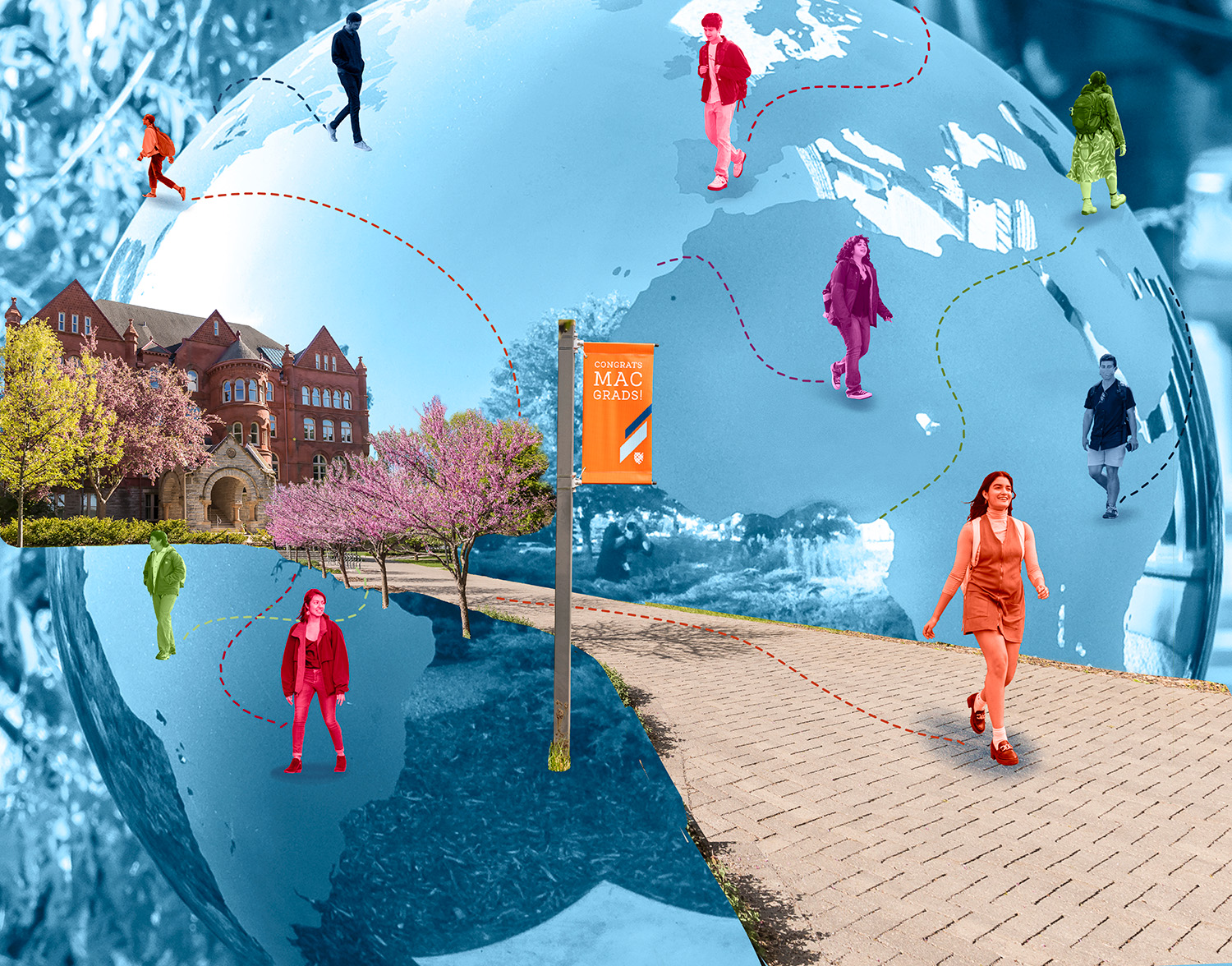 Students take different pathways on a globe. At one of the globe is Old Main on Macalester's campus.
