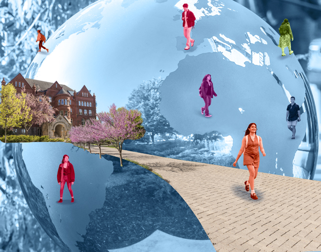 Students take different pathways on a globe. At one of the globe is Old Main on Macalester's campus.