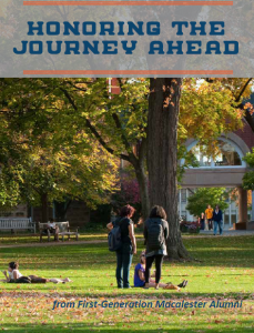 Cover of Honoring the Journey Ahead Zine from 2018. Image shows two students with their backs to the camera in front of an autumn tree on the Great Lawn on Macalester's campus. The link between the Dewitt Wallace Library and Old Main can be seen behind the tree,