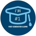 Light blue clip art of a graduation cap sits in a navy blue circle. White text reads "I'm #1 First Generation Alumni"