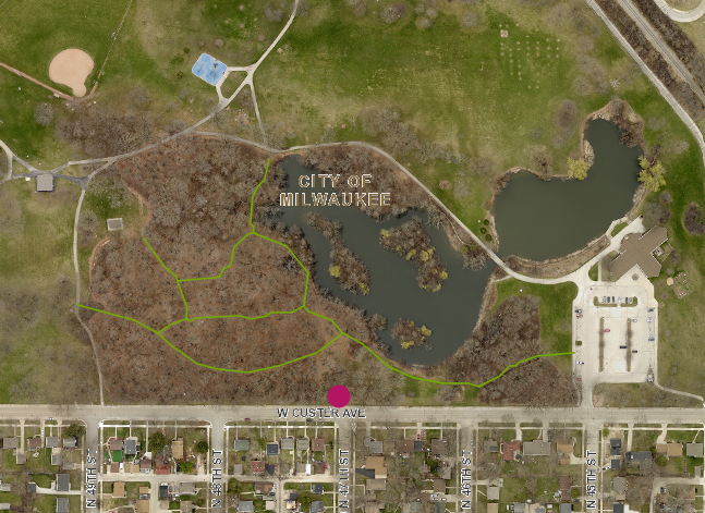 Map of Milwaukee's McGovern Park Woods, featuring a magenta dot on Custer Ave indicating where to meet