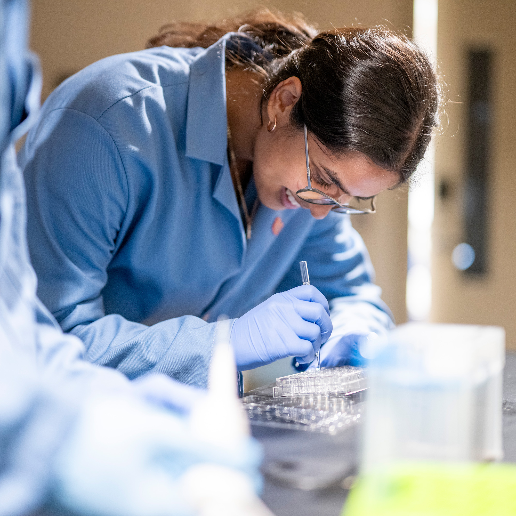 A student wearing a lab coat does biology research.