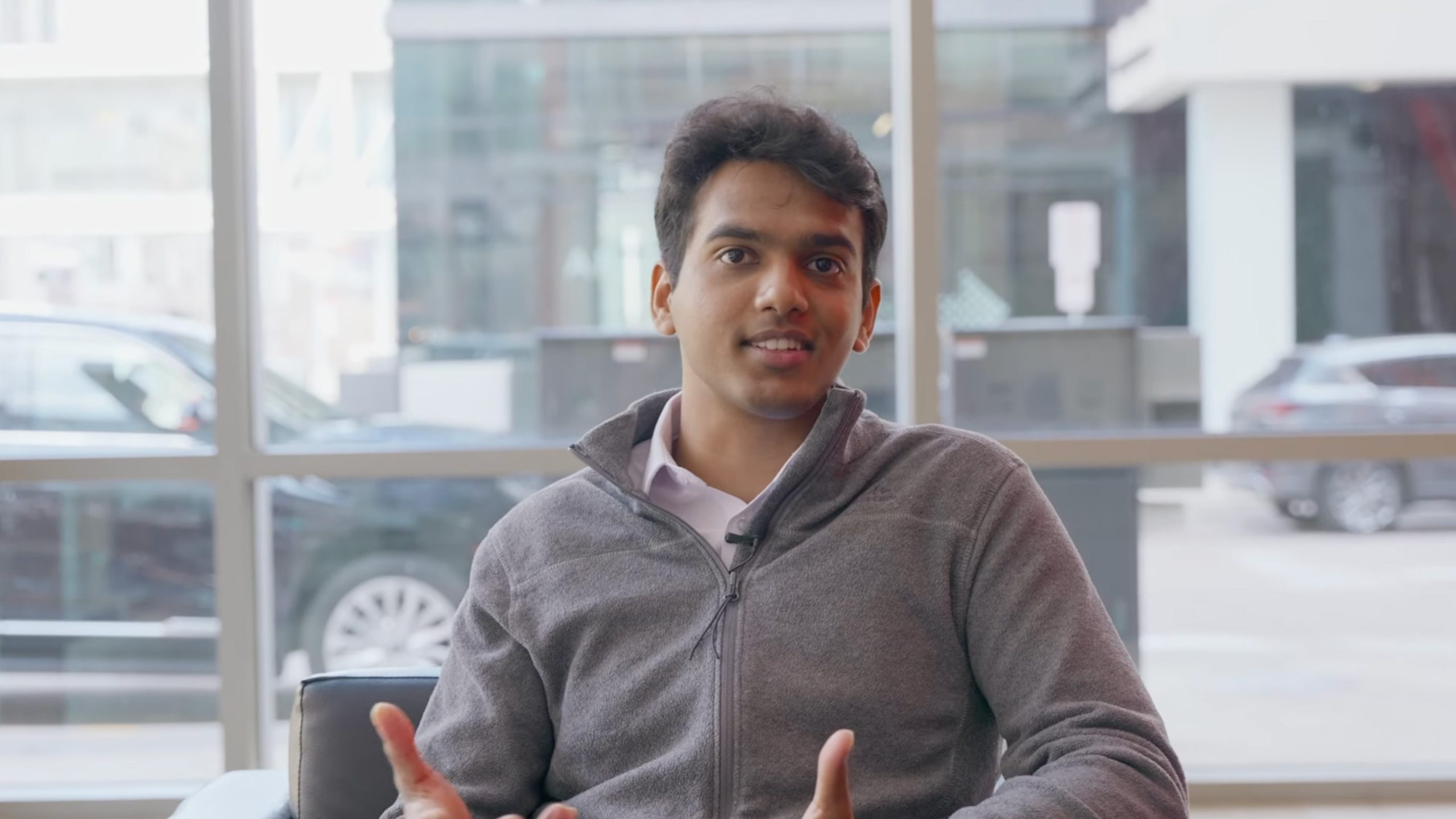 Shakthi Palraj speaks during an interview at the Xcel Energy office