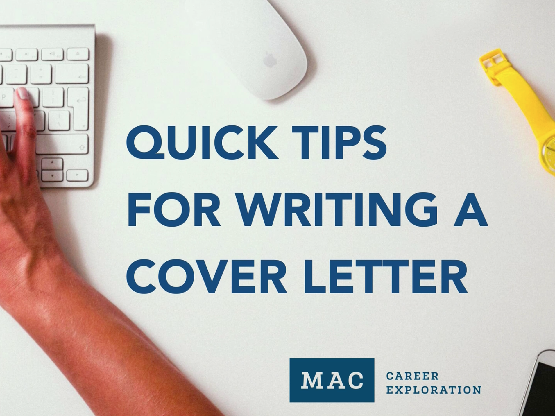 A hand typing on a keyboard. The text on the image says "Quick tips for writing a cover letter."
