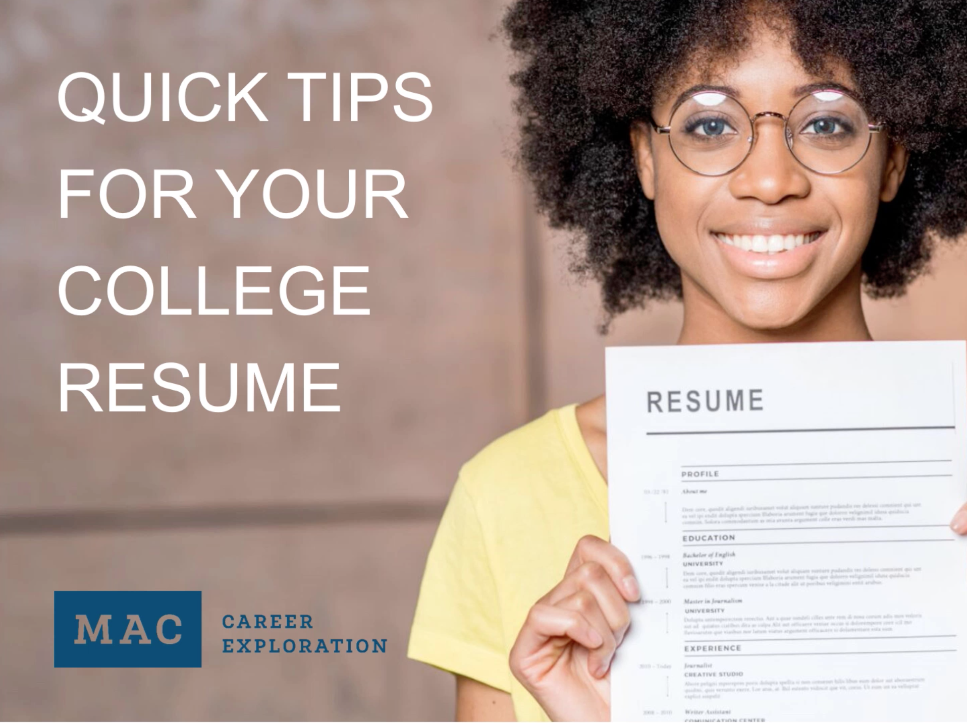 Photo of a person holding a resume. The text on the image says "Quick tips for your college resume."