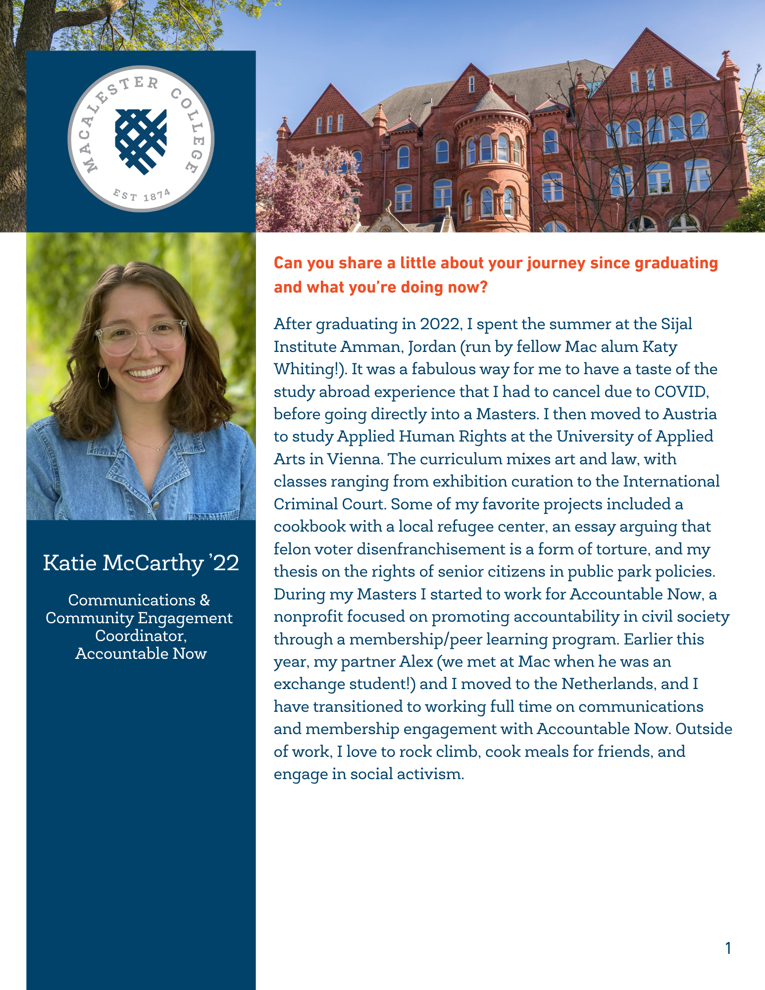 McCarthy alumni profile page 1 - view PDF for full text