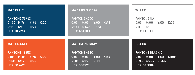 A grid of six squares showing the primary colors for Macalester's brand.