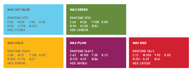 A grid of five squares showing the secondary colors for Macalester's brand.