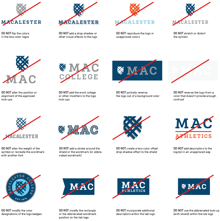 A grid of variations on the Macalester logo showing unacceptable uses of the logo