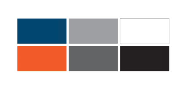 Swatches of Macalester's primary palette of colors: blue, light gray, white, orange, gray, and black.