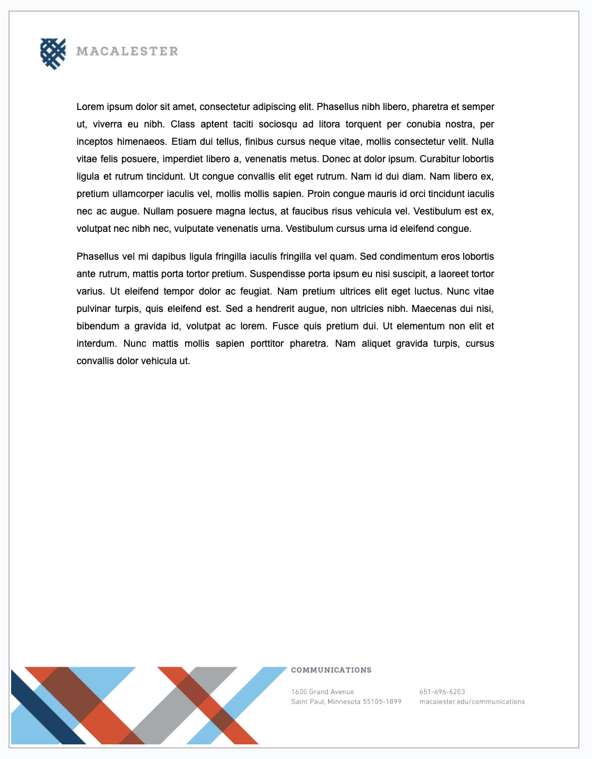Digital stationary template. The Macalester logo is in the top left, and the bottom has blue and orange slashes as well as department contact information.