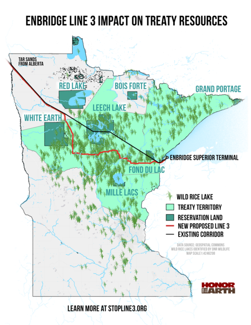 Map showing Line 3's affect on Indigenous treaty resources