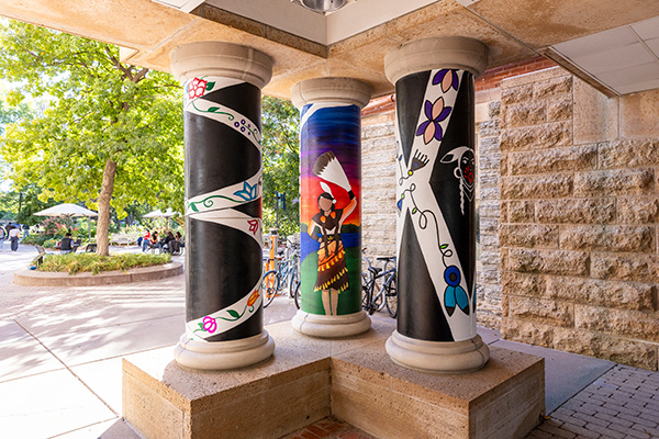 Three pillars outside DeWitt Wallace Library