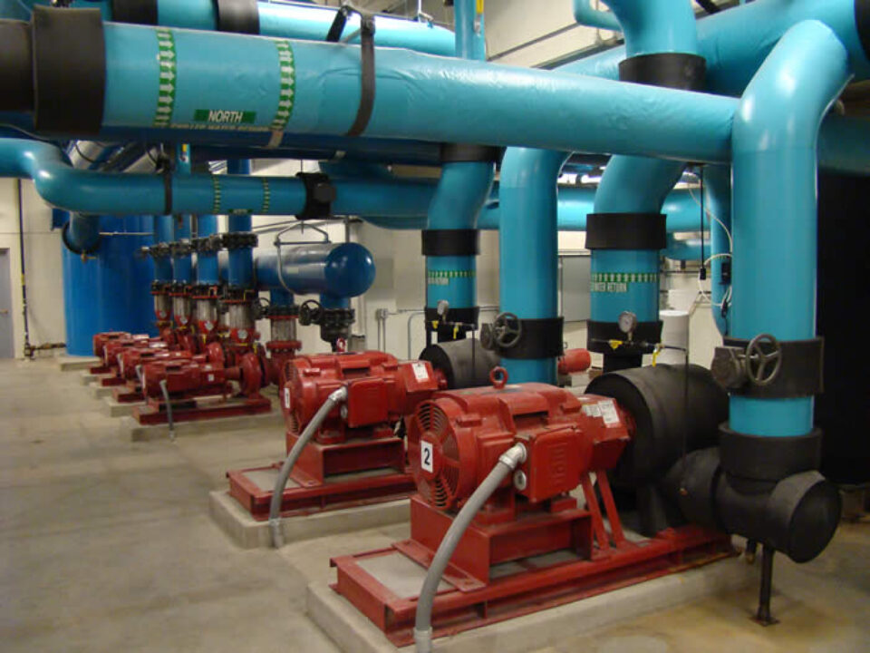 A row of six heating plant generators in Macalester's Heating Plant.