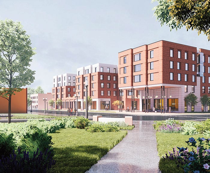 A 2D rendering of what the new residence hall will look like. Located on the corner of Macalester Street and Grand Avenue, the building is 5 stories tall with a mostly brick façade and it extends down the street until the first business building on Grand Ave.
