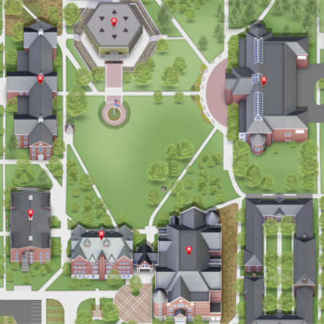 A 2D rendering of a section of Macalester's campus from a bird's eye view. The buildings include Weyerhauser Hall, Carnegie Hall, Old Main, the DeWitt Wallace Library, Kirk Hall, the Campus Center, and the Chapel, with the great lawn at the center.