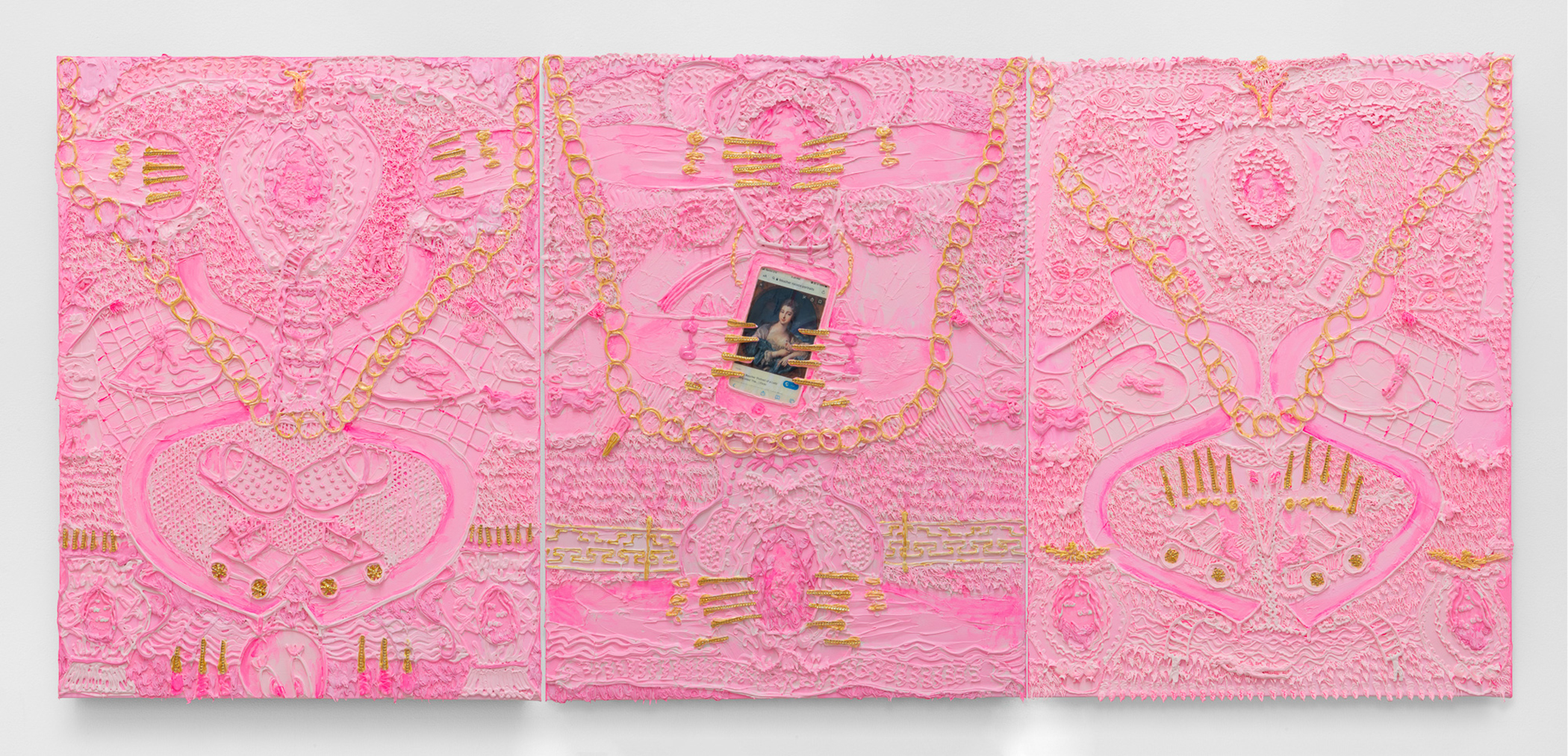 Photo of Pinknologic Anxiety (After Francois Boucher, Madame de Pompadour, c. 1755), 2020, acrylic piping and collage on canvas, 30” x 40” triptych