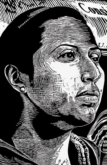 Raoul Deal, DACA (Deferred Action for Childhood Arrivals), “Immigration Series #10,” woodcut, 2013 (detail)