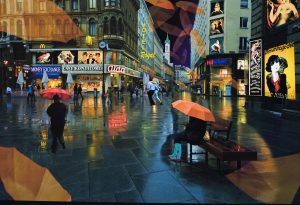 Vienna at night with umbrellas overlapping across the image