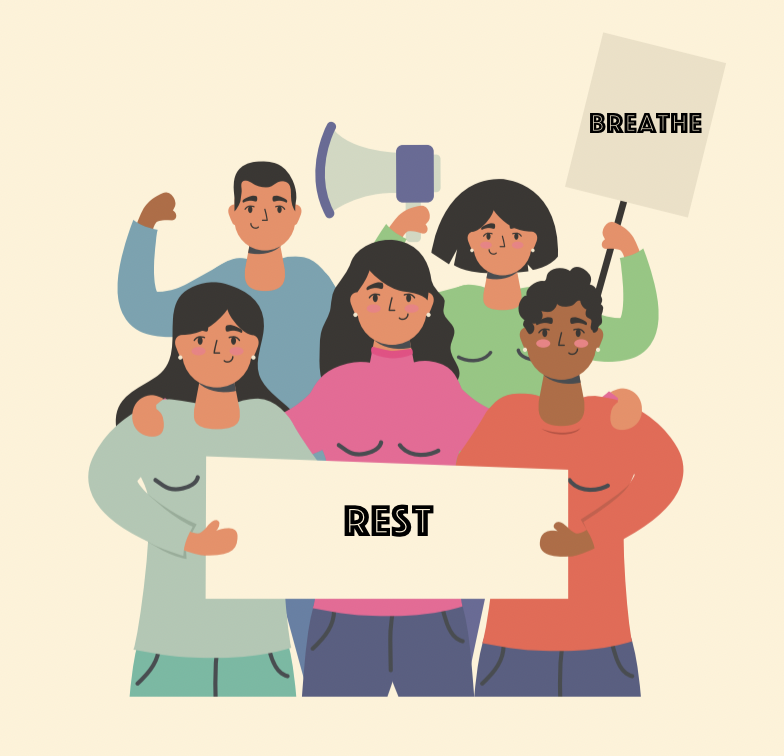 Cartoon of people with signs saying REST