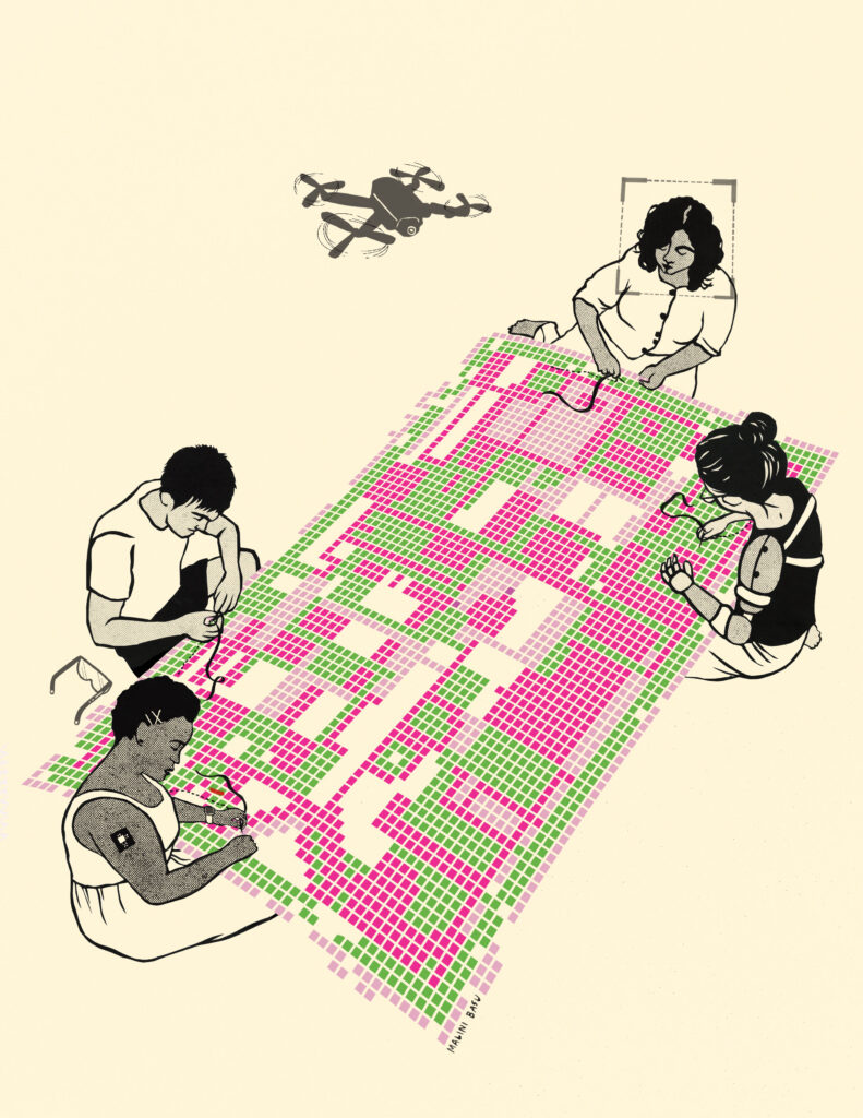 Four people in grayscale sewing a rectangular grid colored with light pink, magenta, and lime green. A drone flies overhead.