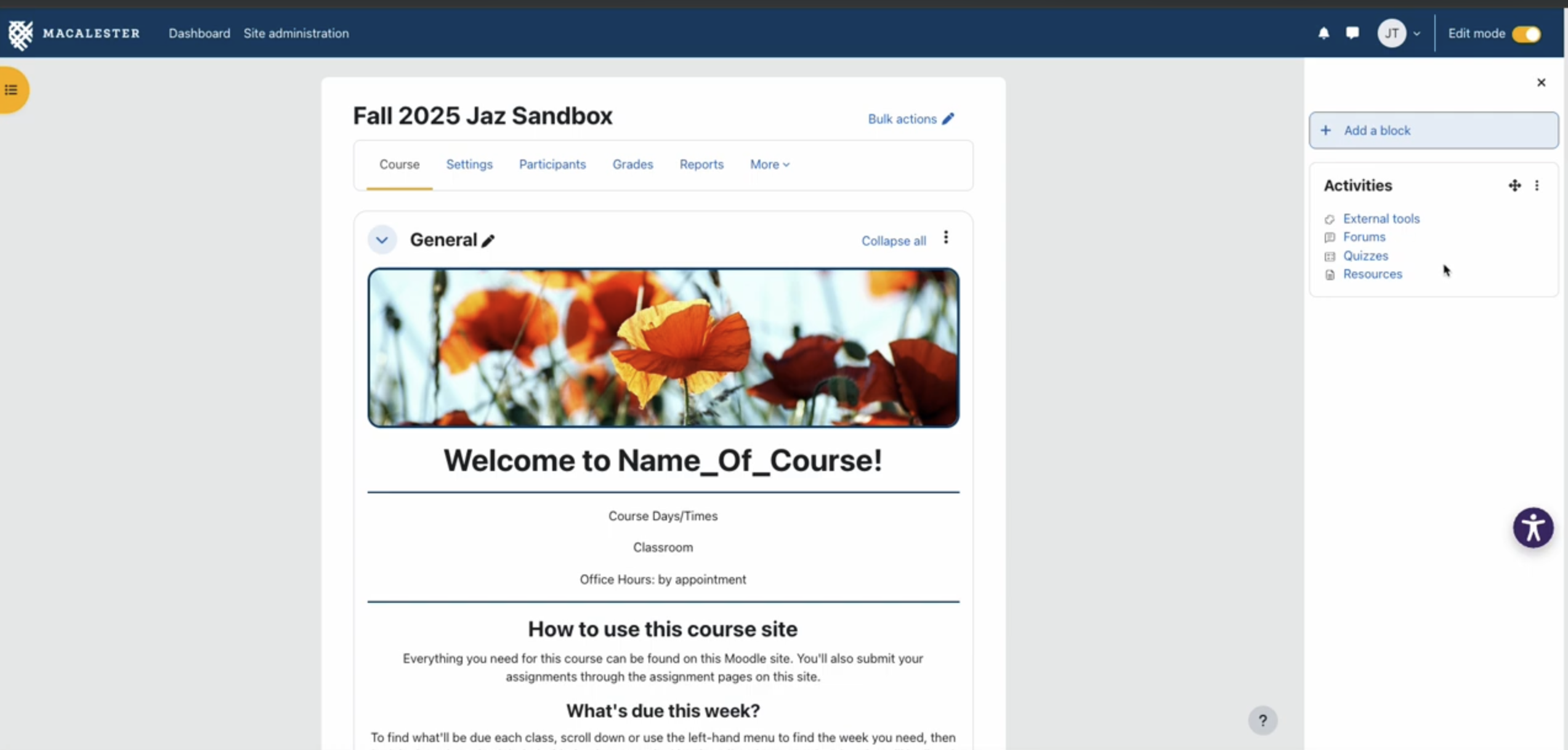 Screenshot of a course with an activities block added.