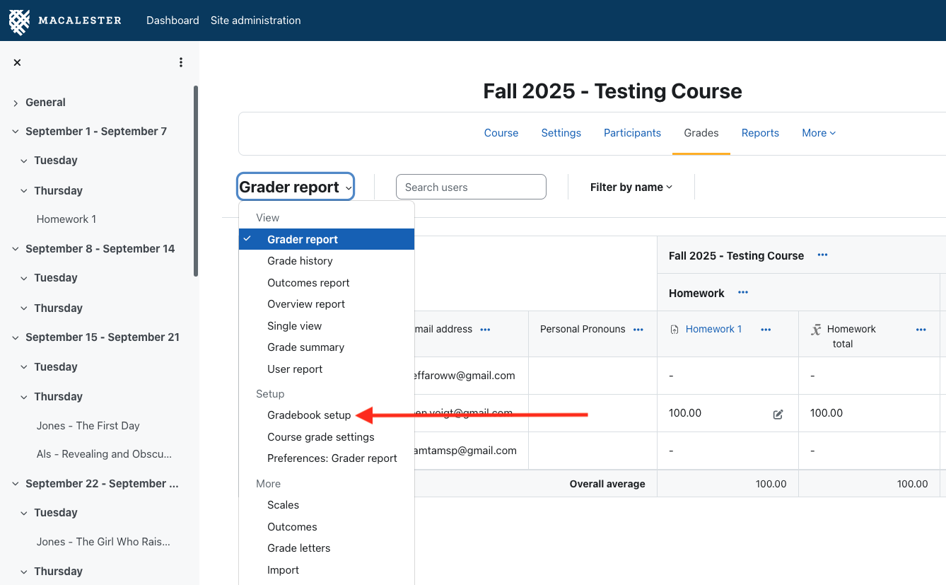 Screenshot of how to get to the Gradebook setup area.