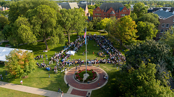Aerial view of Involvement Fair on Macalester Great Lawn