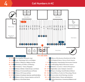 Map of the library fourth level, with call number annotations