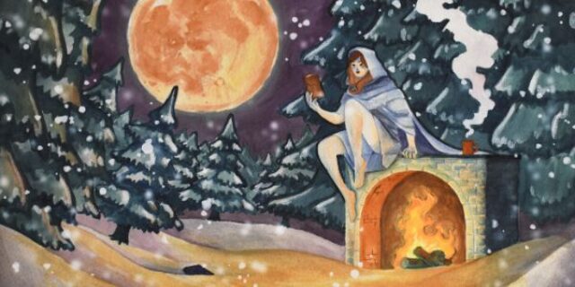 A full moon illuminates a snowy outdoor winter scene in which a cloaked figured reads a book atop a stone fireplace containing a burning fire.