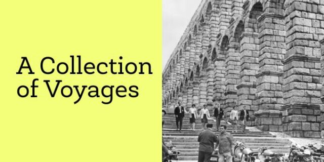 with an aquaduct in the background, macalester students descend stairs in business casual attire. at the bottom of the stairs, a pair of men are smoking in front of a fleet of motorcycles.