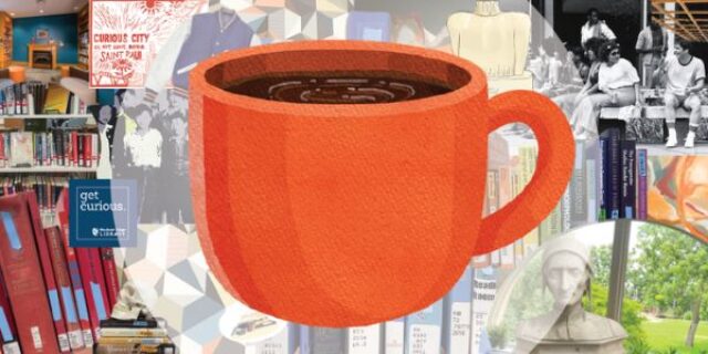 Orange coffee cup with a background of library features.