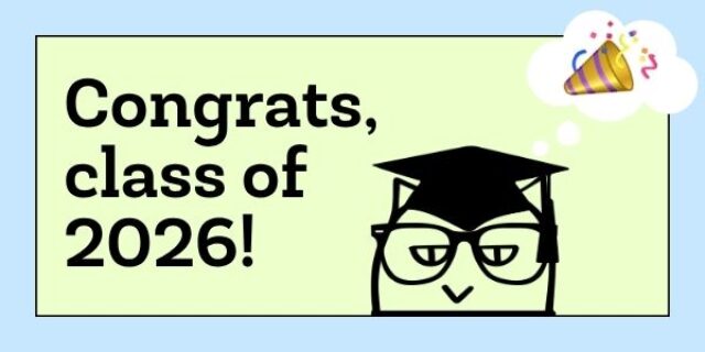 Max in a graduation cap with a thought bubble containing a celebratory emoji. For once, he is also smiling.
