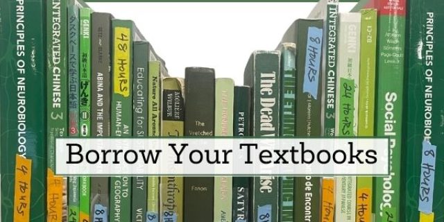 Assorted green-spined textbooks with reserve stickers.