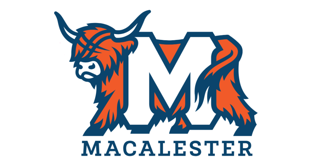 The Coo logo for Macalester Athletics. A white "M" is positioned against the highland cow, and Mcalester is written below it.