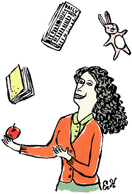 Illustration of a woman juggling everyday objects.