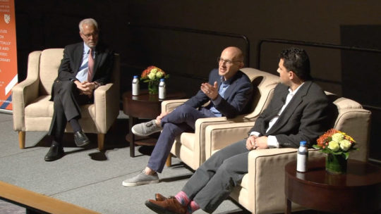 President Brian Rosenberg interviewing Profs. Shilad Sen and Brent Hecht ’05 in Boston.