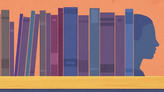 Illustration of books on a shelf with a face as a bookend