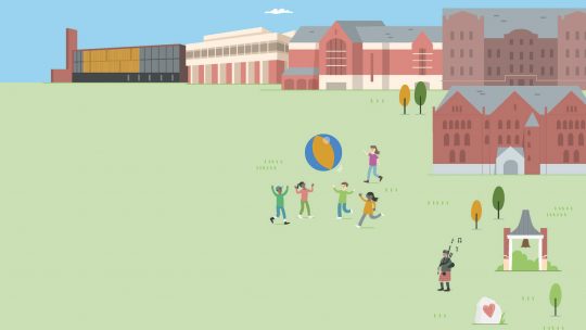 Drawing of students playing pushball on the Macalester campus