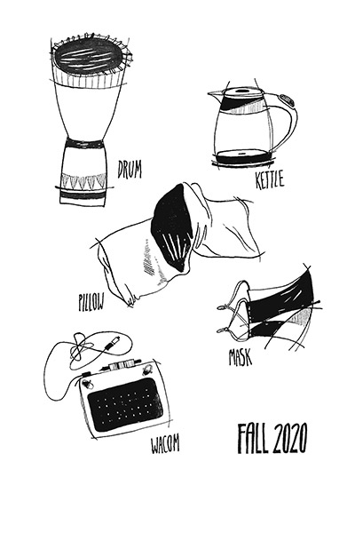 Black and white drawings of a drum, kettle, pillow, mask, and Walcom labeled FALL 2020