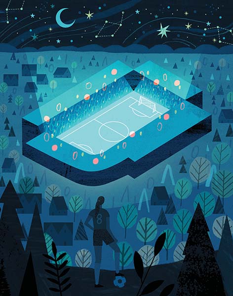 Illustration of a soccer player looking out at a field