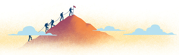 Illustration of people walking up a mountain