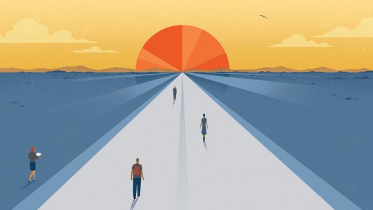 Illustration of four people walking toward a sunset