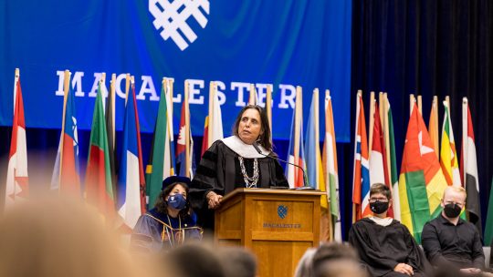 Native American economist, activist, and author Winona LaDuke addressing the crowd at the Macalester Opening Convocation event
