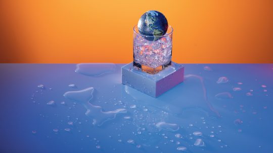 Illustration of the earth sitting in a glass of melting ice on a blue table against an orange background