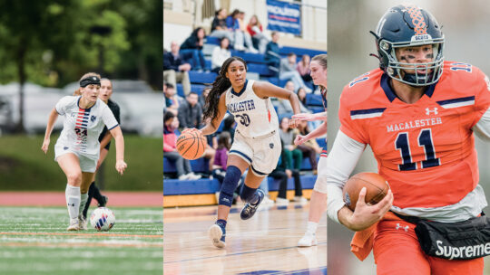 Composite image featuring players from Macalester Women's Soccer, Women's Basketball, and Football