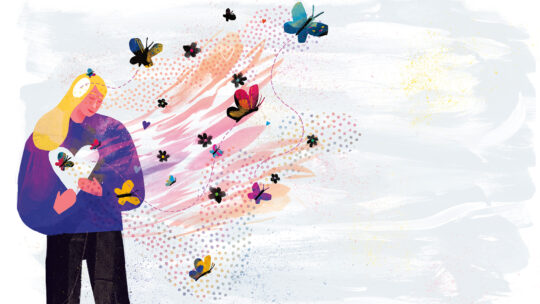 Illustration of a person with long blonde hair opening their heart while butterflies fly out