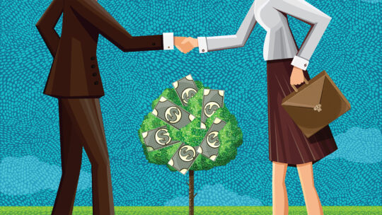 Illustration of two people shaking hands and standing over a tree with dollar bills for leaves